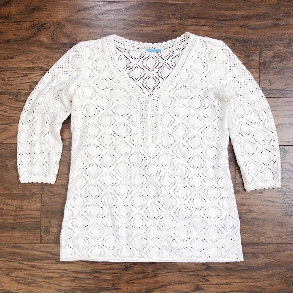 J McLaughlin • Pointelle Tunic Top white lasercut lace crochet beach coverup